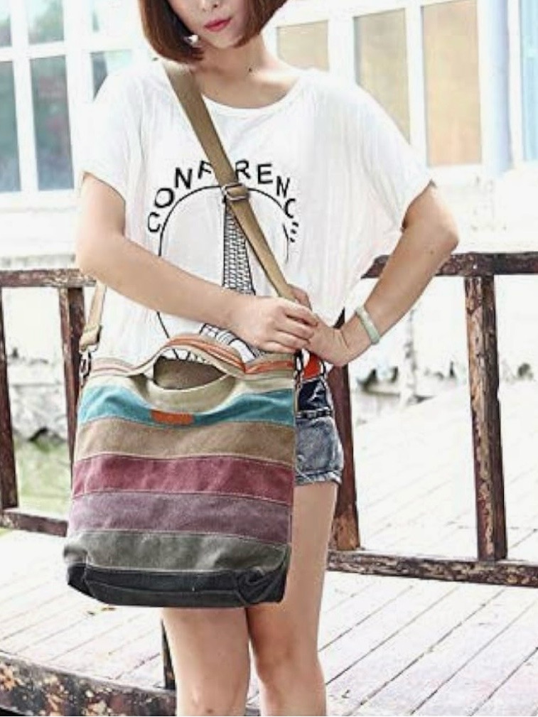 Striped Multicolor Canvas Tote Bag With Adjustable Tan Strap - Women